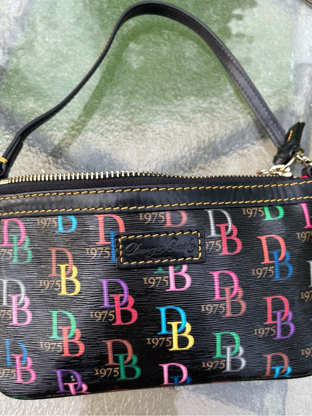 DB75 Dooney & Bourke Large Black Multi Colored Wristlet with DB75 Print
